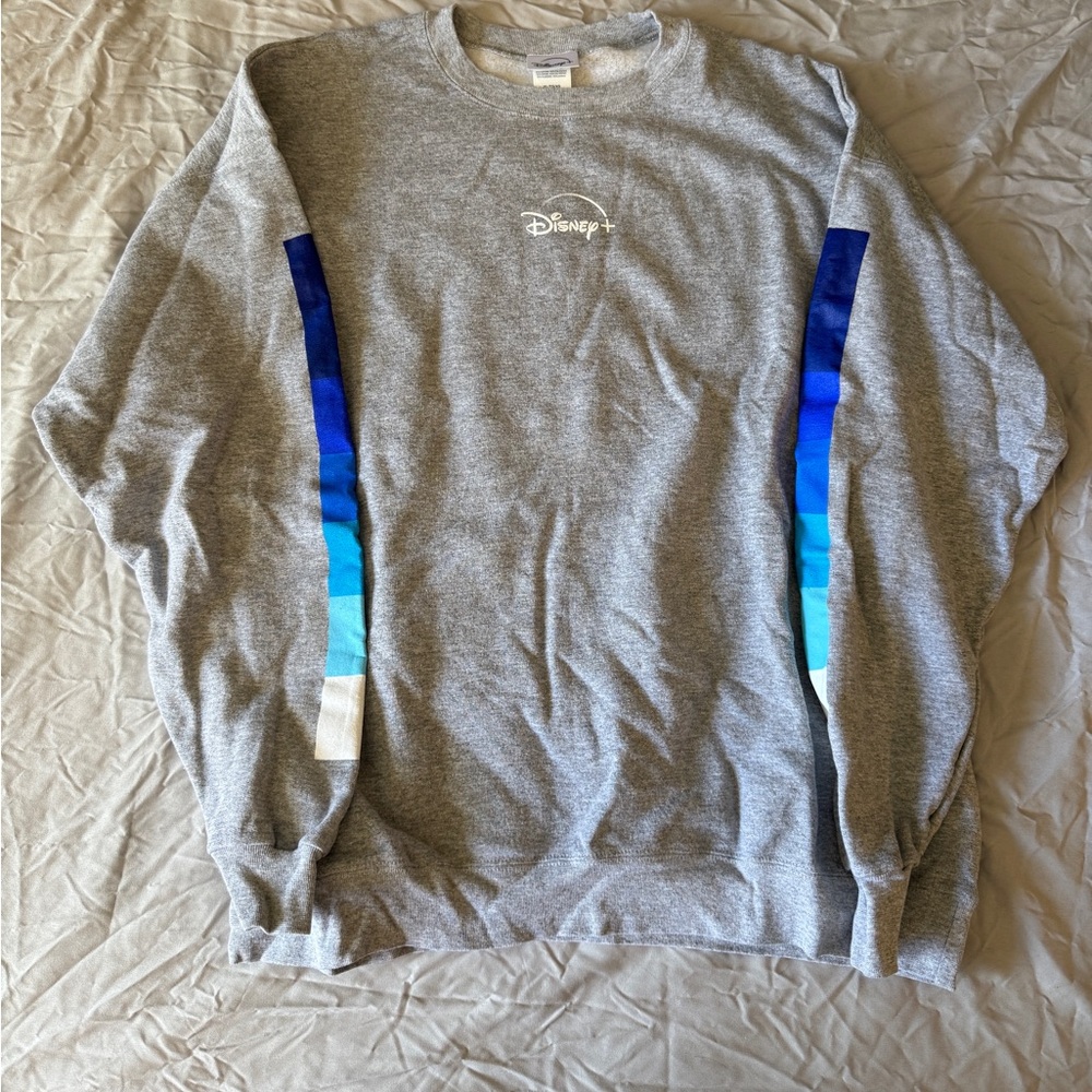 Disney Gray Crewneck Sweatshirt with Blue Gradient Side Stripes
